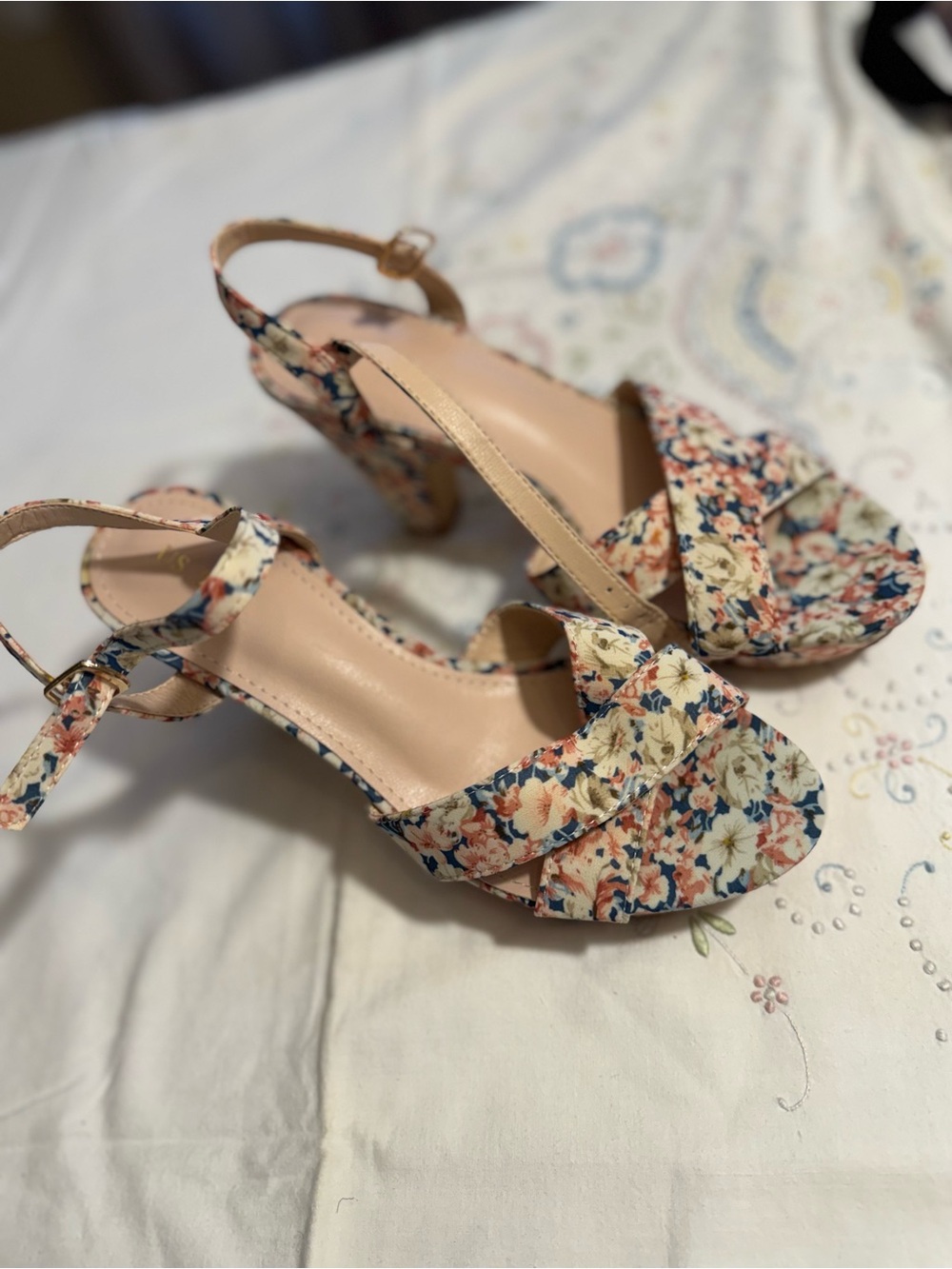 Floral Peep-Toe Ankle Strap Heels - Pink Floral